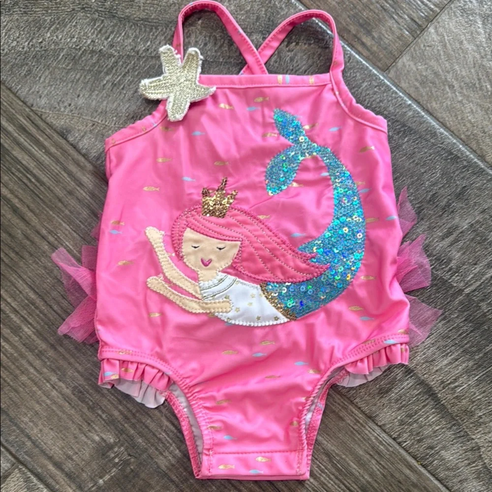 Pink Mermaid Sparkly Little Girls Swimsuit - Picture 2 of 5